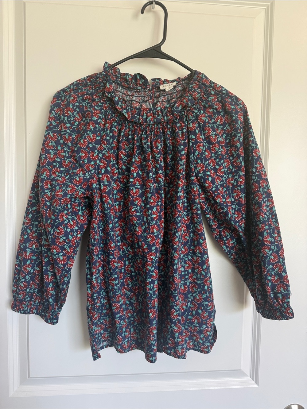 J. Crew Size XS Women's Floral Ruffle Neck Long-Sleeve Top - Navy/Red